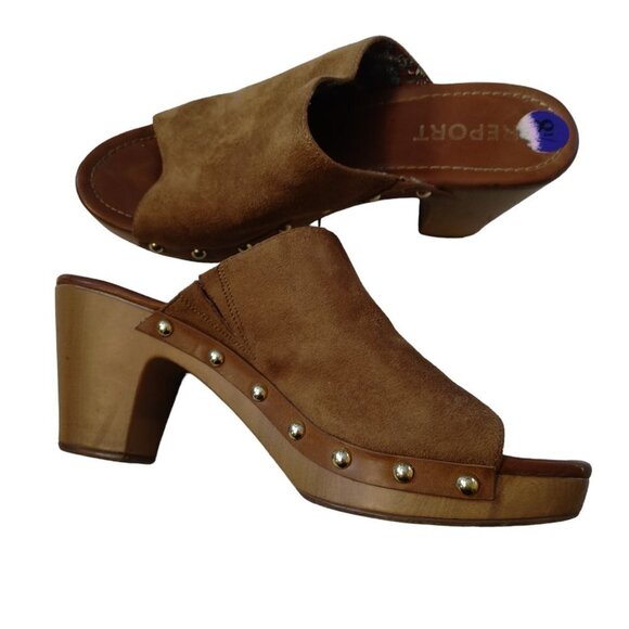 Report Women's Size 8.5 Faux Suede Dark  Tan Slip On Open Toe Block Heel Clogs - Picture 1 of 7